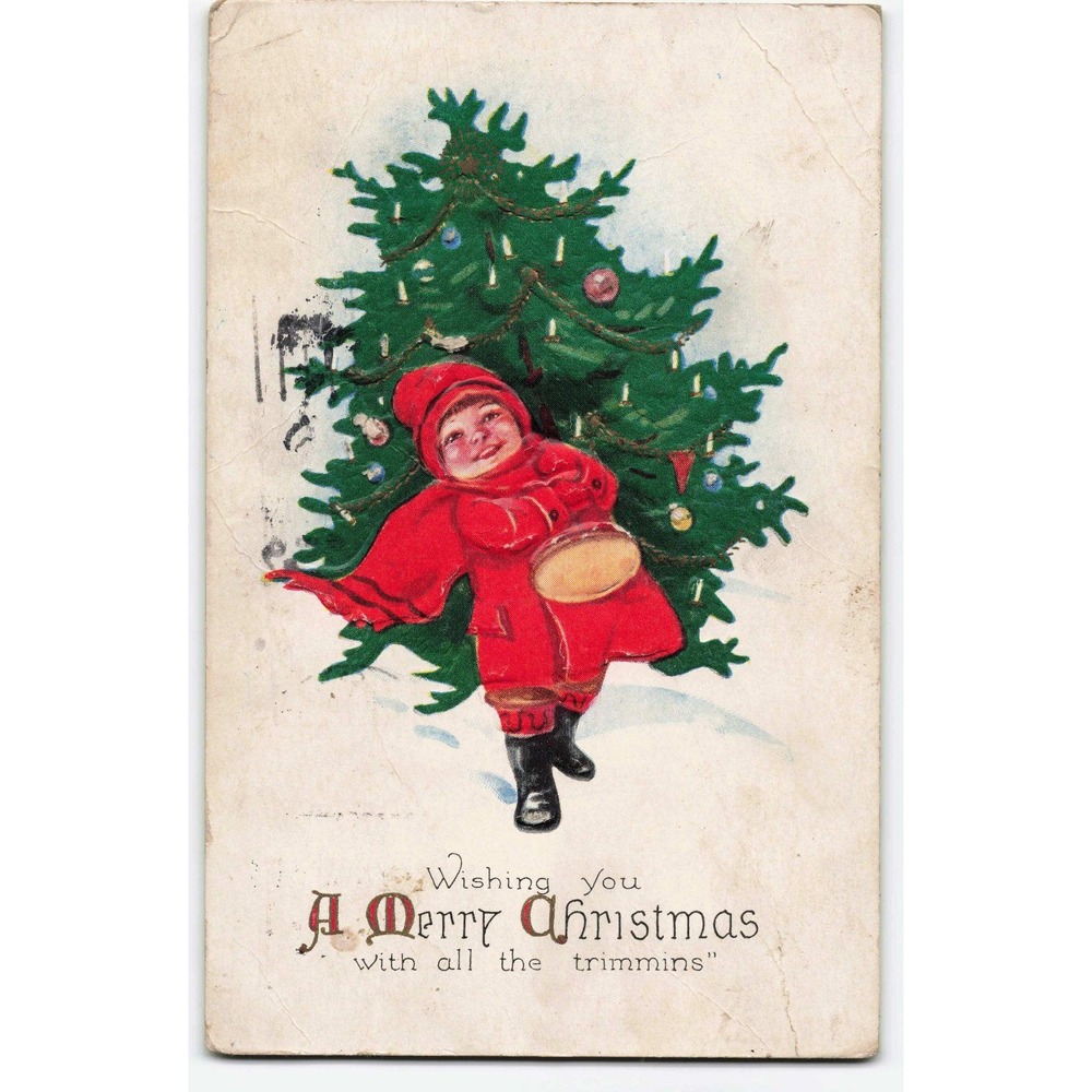 Christmas Postcard 1928 Embossed Child Red Coat Tree Canton Ohio RPPC